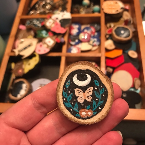Handmade Jewelry - Hand-Painted Wood Slice Pin — Moon & Butterfly